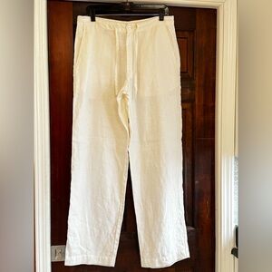 Casual White Straight-Leg Linen Blend Pants